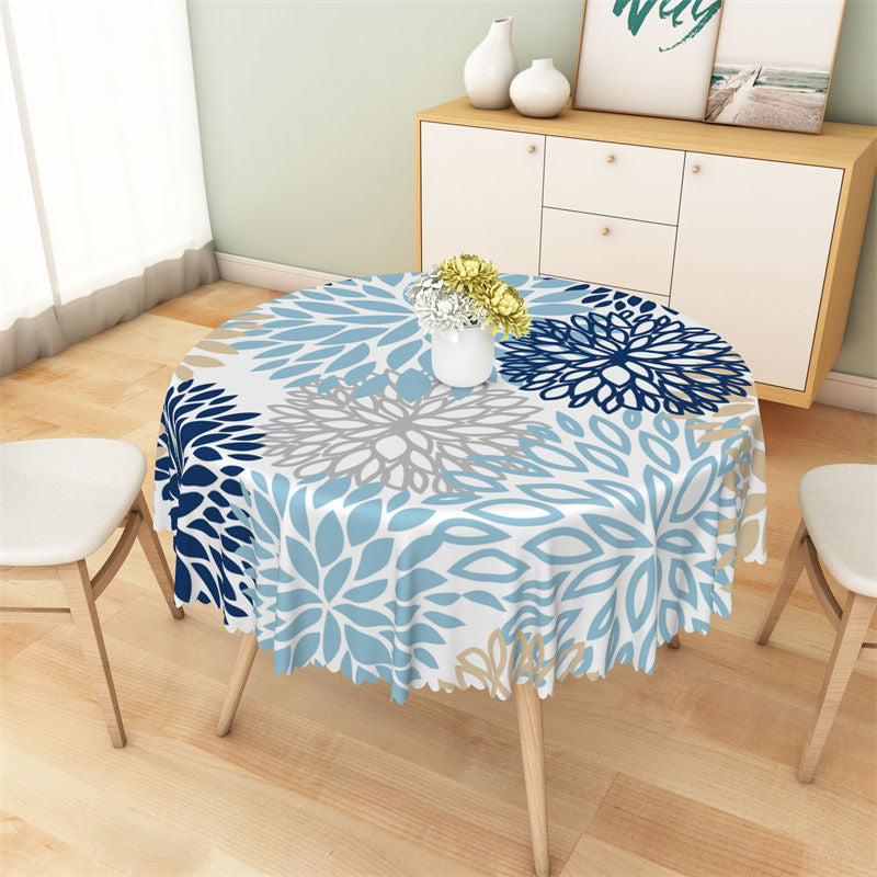 Lofaris Blue Grey Golden Abstract Floral Round Tablecloth