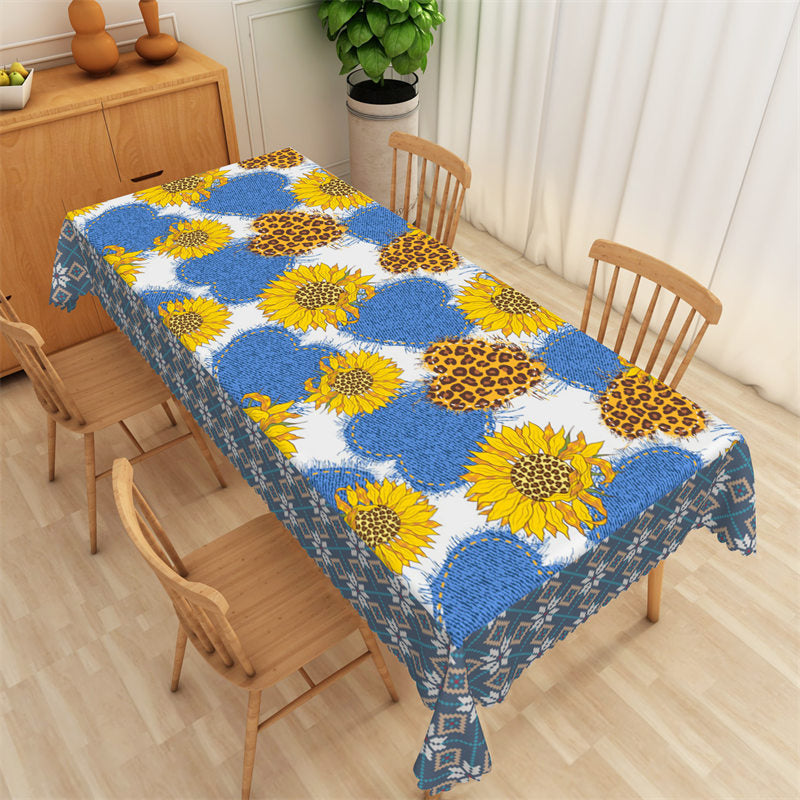 Lofaris Blue Heart Leopard Print Yellow Sunflower Tablecloth