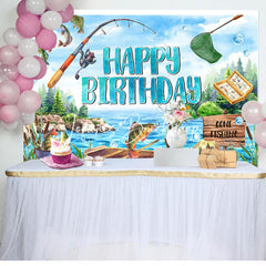 Lofaris Blue Lake Wood Boat Fishing Happy Birthday Backdrop