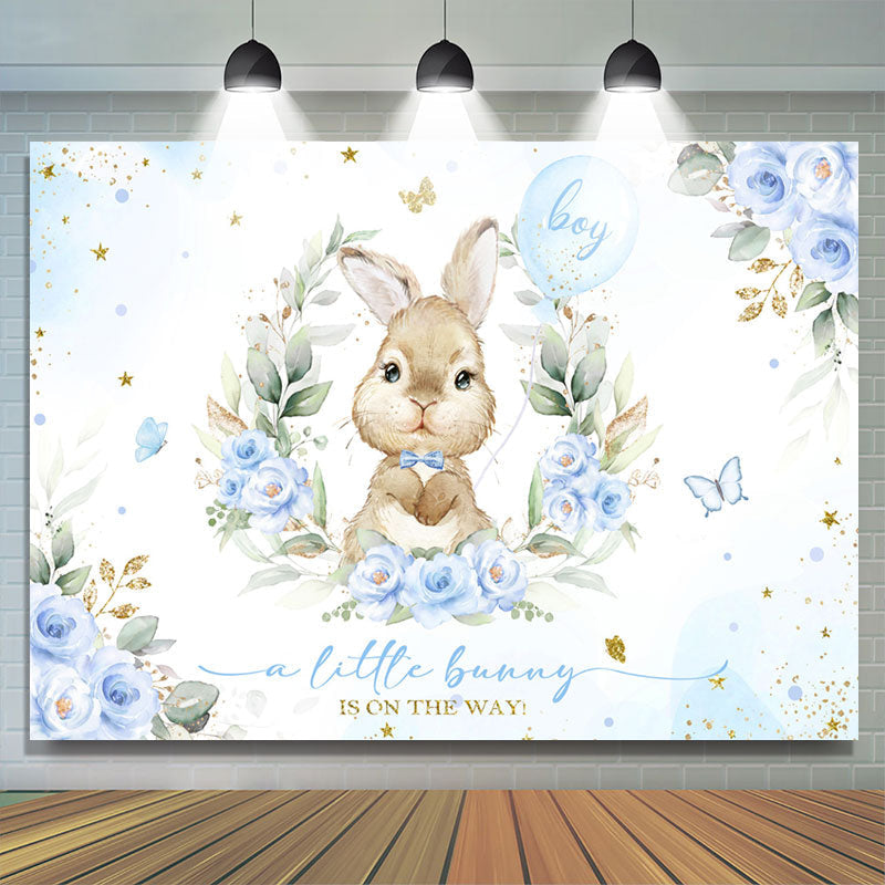 Lofaris Blue Little Bunny Floral Boy Baby Shower Backdrop