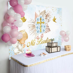 Lofaris Blue Mi Bautizo Angel God Bless Baptism Backdrop