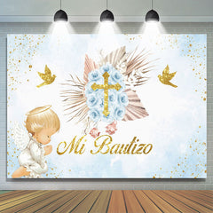 Lofaris Blue Mi Bautizo Angel God Bless Baptism Backdrop