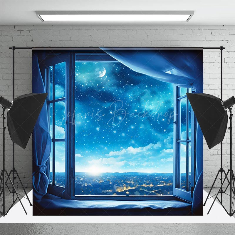 Lofaris Blue Night Starry Quiet Town Window Backdrop