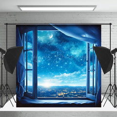 Lofaris Blue Night Starry Quiet Town Window Backdrop