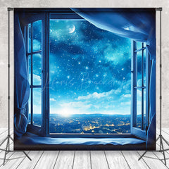 Lofaris Blue Night Starry Quiet Town Window Backdrop