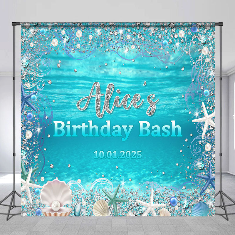 Lofaris Blue Ocean Shell Pearl Custom Name Birthday Backdrop