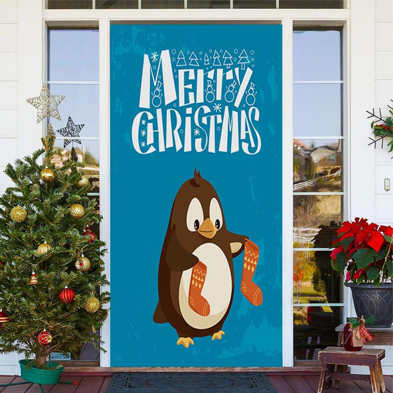 Lofaris Blue Penguin Stockings Merry Christmas Door Cover