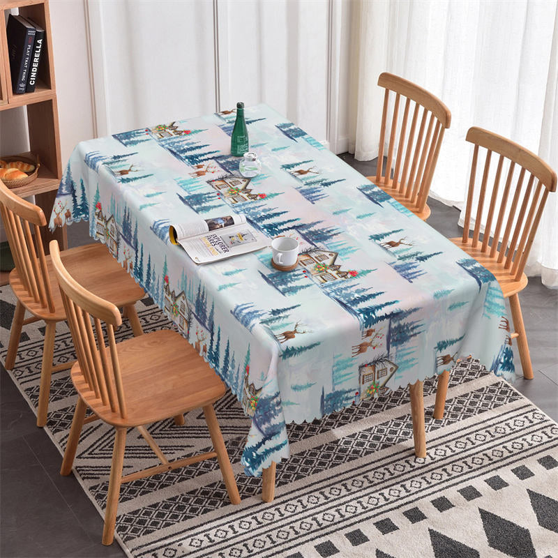 Lofaris Blue Pine Tree Reindeer Christmas House Tablecloth