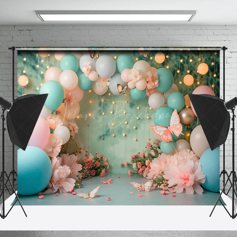 Lofaris Blue Pink Balloon Butterfly Light Cake Smash Backdrop