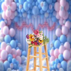 Lofaris Blue Pink Balloon Stripe Wall Photography Backdrop