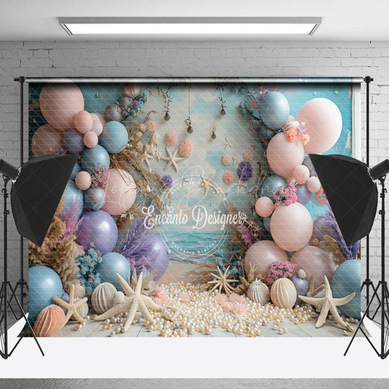 Lofaris Blue Pink Balloons Summer Beach Cake Smash Backdrop