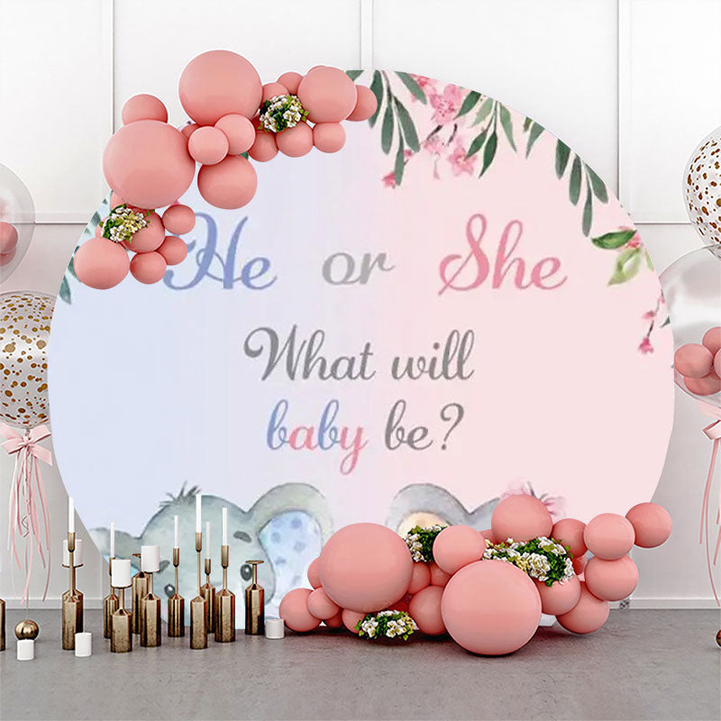 Lofaris Blue Pink Elephant Leaves Round Baby Shower Backdrop