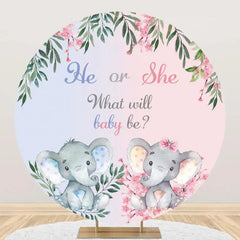 Lofaris Blue Pink Elephant Leaves Round Baby Shower Backdrop