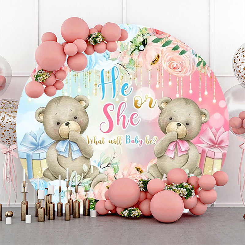 Lofaris Blue Pink Floral Bears Round Gender Reveal Backdrop