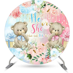 Lofaris Blue Pink Floral Bears Round Gender Reveal Backdrop