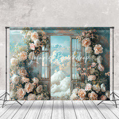 Lofaris Blue Pink Floral Cloudy Scene Door And Window Backdrop