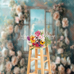 Lofaris Blue Pink Floral Cloudy Scene Door And Window Backdrop