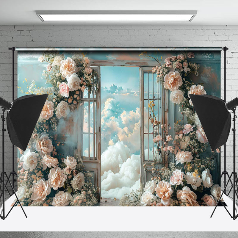 Lofaris Blue Pink Floral Cloudy Scene Door And Window Backdrop