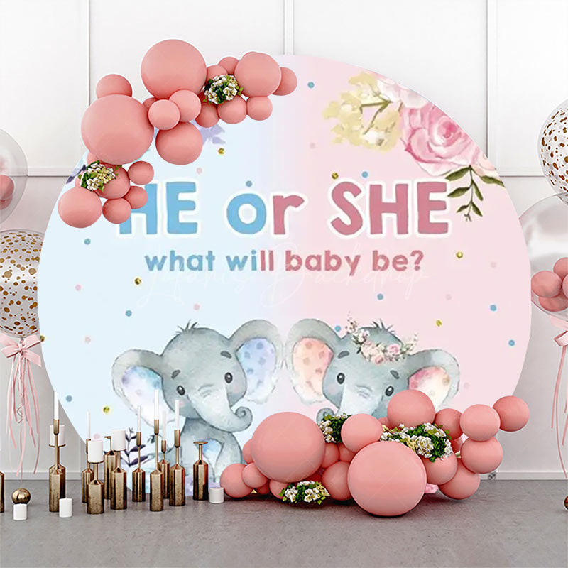 Lofaris Blue Pink Floral Elephant Round Baby Shower Backdrop