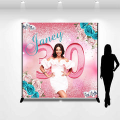 Lofaris Blue Pink Floral Glitter Custom 30th Birthday Backdrop