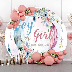 Lofaris Blue Pink Floral Leaves Round Gender Reveal Backdrop