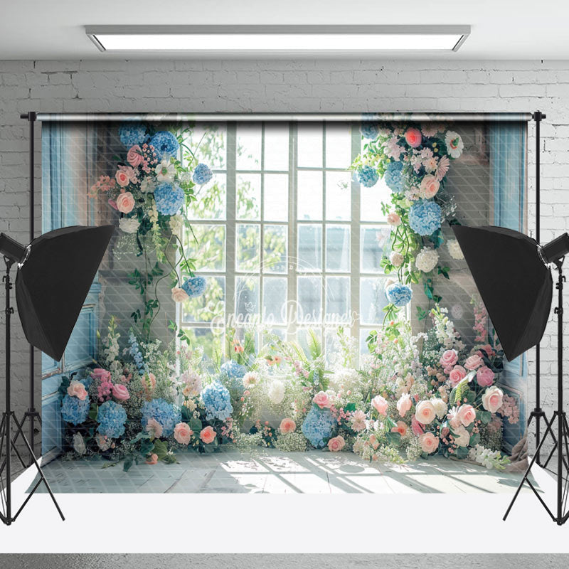 Lofaris Blue Pink Spring Floral Window Backdrop For Wedding