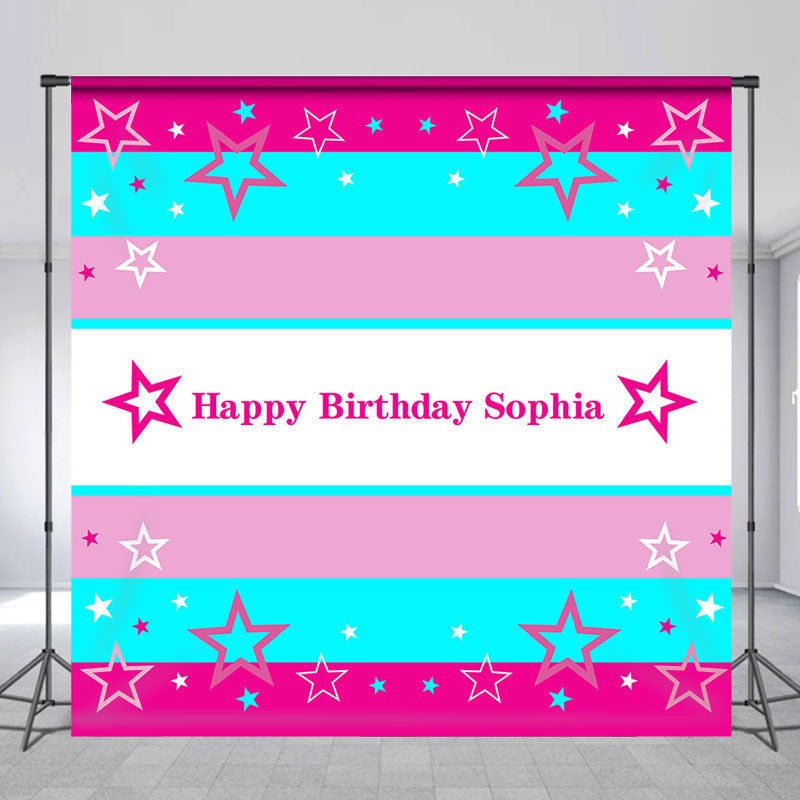 Lofaris Blue Pink Stars Custom Name Happy Birthday Backdrop