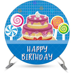 Lofaris Blue Plaid Candyland Cake Round Birthday Backdrop