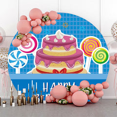 Lofaris Blue Plaid Candyland Cake Round Birthday Backdrop