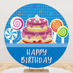 Lofaris Blue Plaid Candyland Cake Round Birthday Backdrop