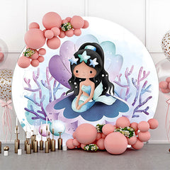 Lofaris Blue Purple Shell Mermaid Round Birthday Backdrop