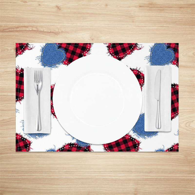 Lofaris Blue Red Black Plaid Denim Heart Set Of 4 Placemats