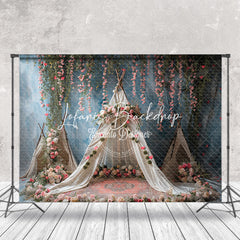 Lofaris Blue Retro Wall Boho Tent Floral Wedding Backdrop