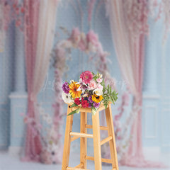 Lofaris Blue Retro Wall Pink Curtain Floral Wedding Backdrop