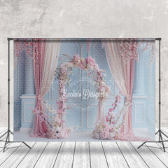 Lofaris Blue Retro Wall Pink Curtain Floral Wedding Backdrop