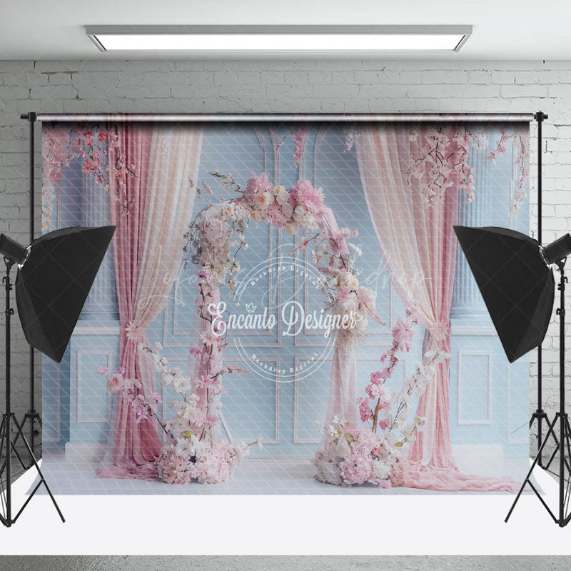 Lofaris Blue Retro Wall Pink Curtain Floral Wedding Backdrop