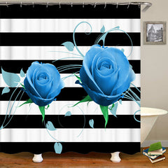 Lofaris Blue Rose Black Stripe Valentines Bathtub Shower Curtain