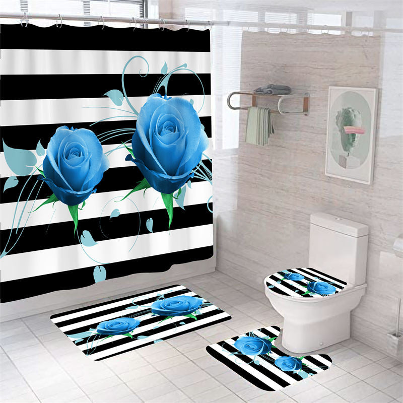 Lofaris Blue Rose Black Stripe Valentines Bathtub Shower Curtain