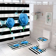 Lofaris Blue Rose Black Stripe Valentines Bathtub Shower Curtain