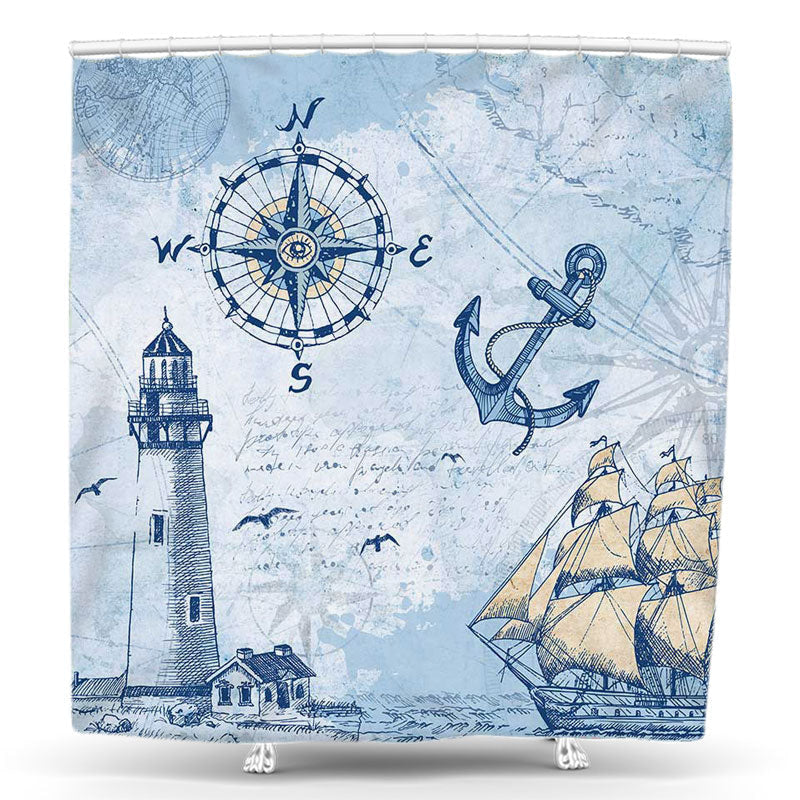 Lofaris Blue Sea Boat Lighthouse Compass Shower Curtain