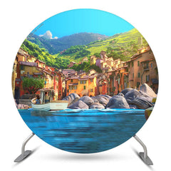 Lofaris Blue Sea Peaceful Town Mountain Round Luca Backdrop