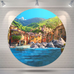 Lofaris Blue Sea Peaceful Town Mountain Round Luca Backdrop