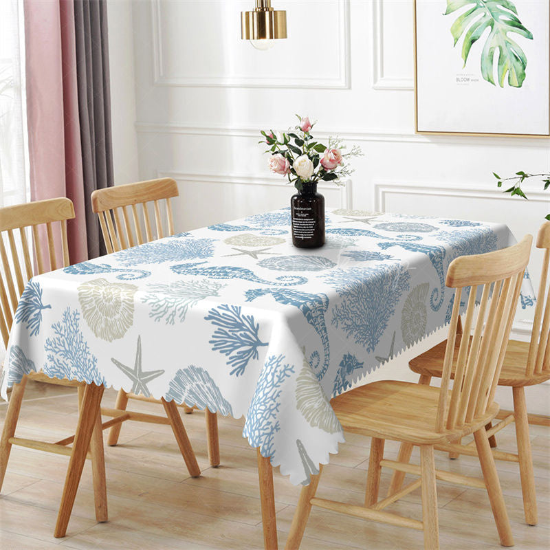 Lofaris Blue Seahorse Coral Conch Prints Rectangle Tablecloth