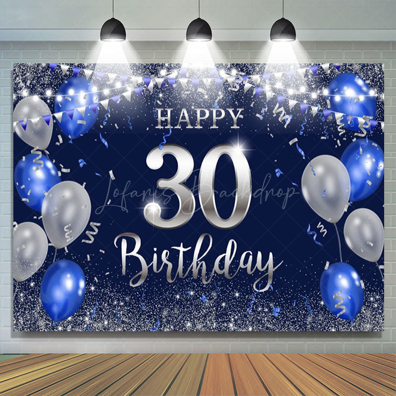 Lofaris Blue Silver Balloon Glitter 30th Birthday Backdrop