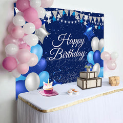 Lofaris Blue Silver Balloon Happy Birthday Backdrop