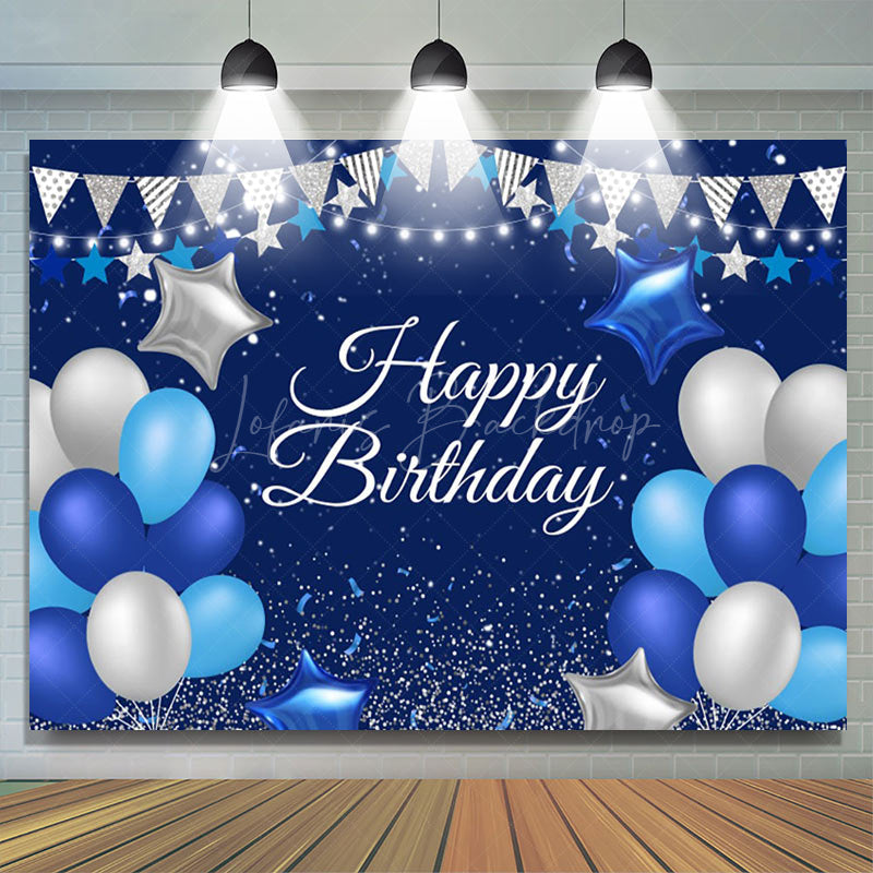 Lofaris Blue Silver Balloon Happy Birthday Backdrop