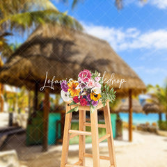 Lofaris Blue Sky Beach Bar Grass Cabin Summer Photo Backdrop