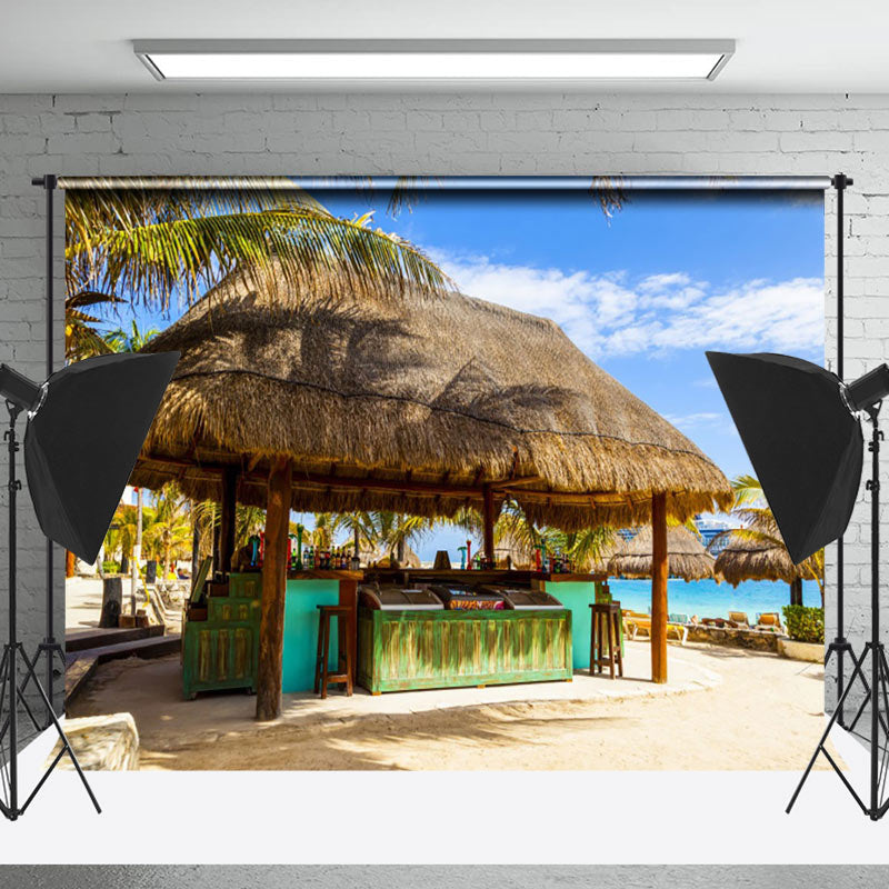 Lofaris Blue Sky Beach Bar Grass Cabin Summer Photo Backdrop