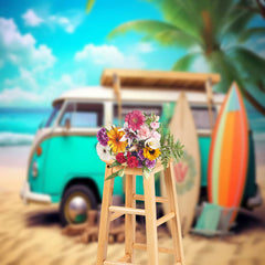 Lofaris Blue Sky Beach Holiday Bus Tree Summer Photo Backdrop