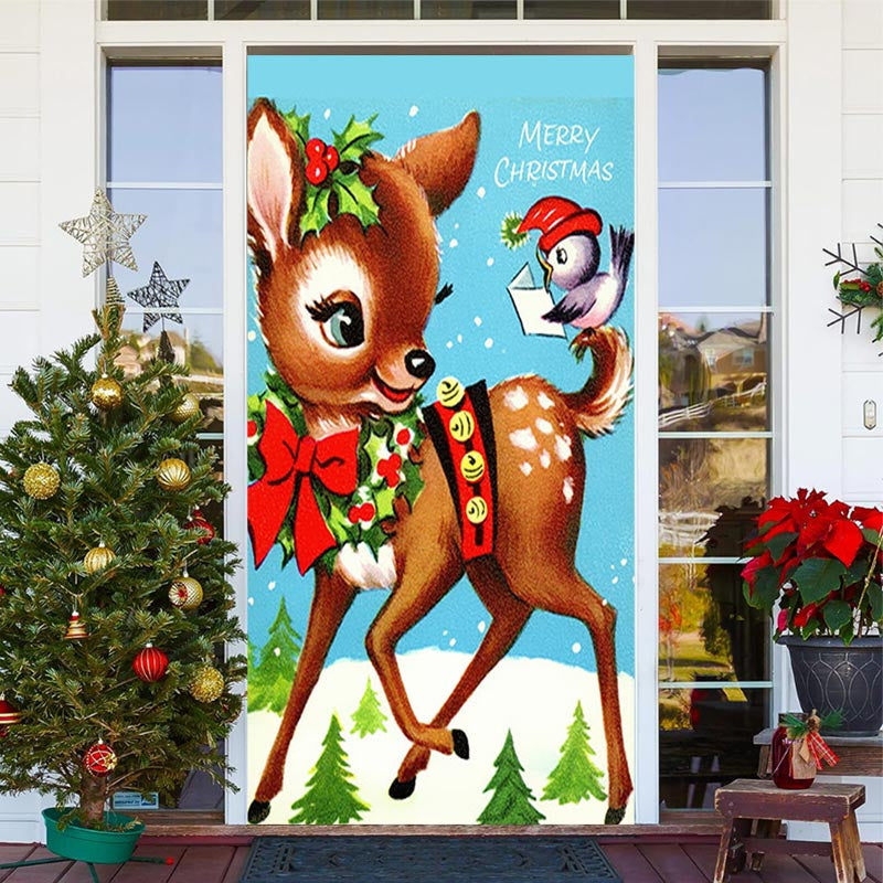 Lofaris Blue Sky Cute Deer Bird Snowy Christmas Door Cover